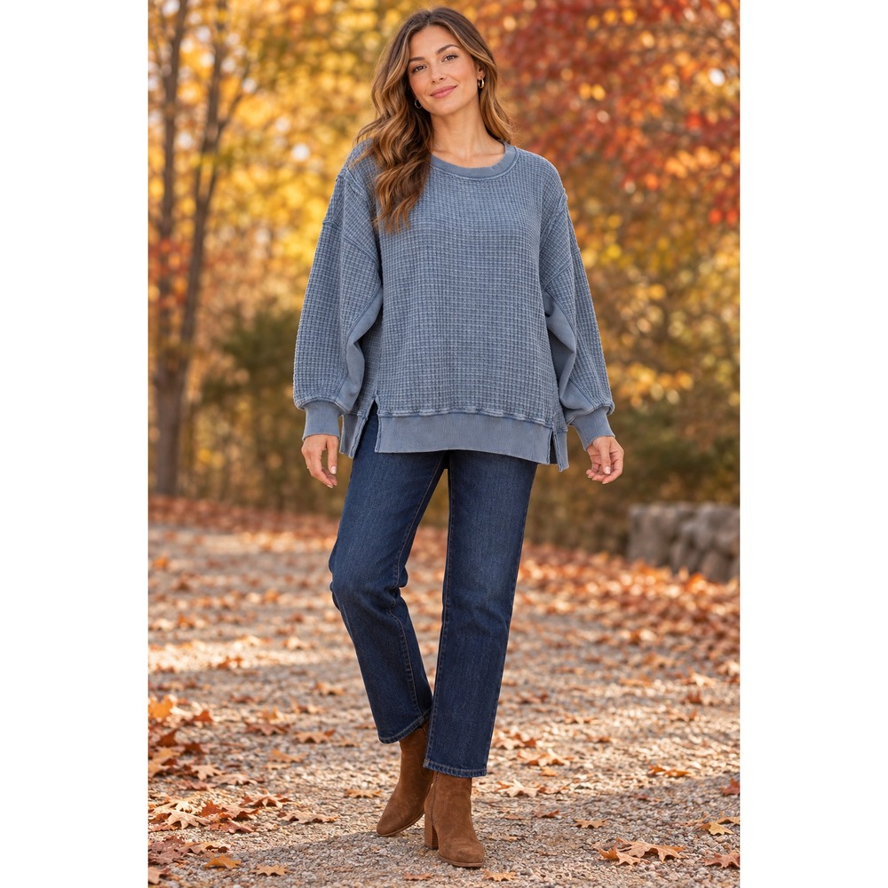 American Eagle Outfitters Oversized Blue Waffle-Knit Crew Neck Sweatshirt XS